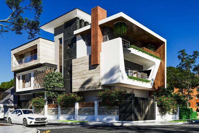 A modern house in white and black with a cantilevered upper floor and planted terraces.