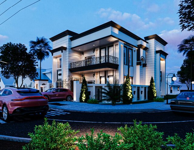 A modern elevation photographed at dusk, its balconies lit from within.