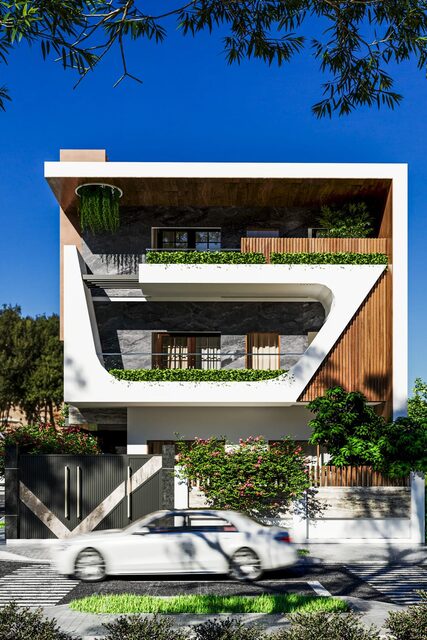 An angular timber-faced elevation with planting spilling from each terrace.