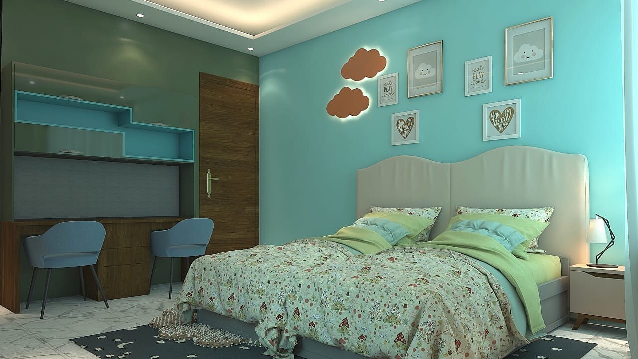 The second child's room in teal, with cut cloud shapes over the headboard and a desk beneath the window.