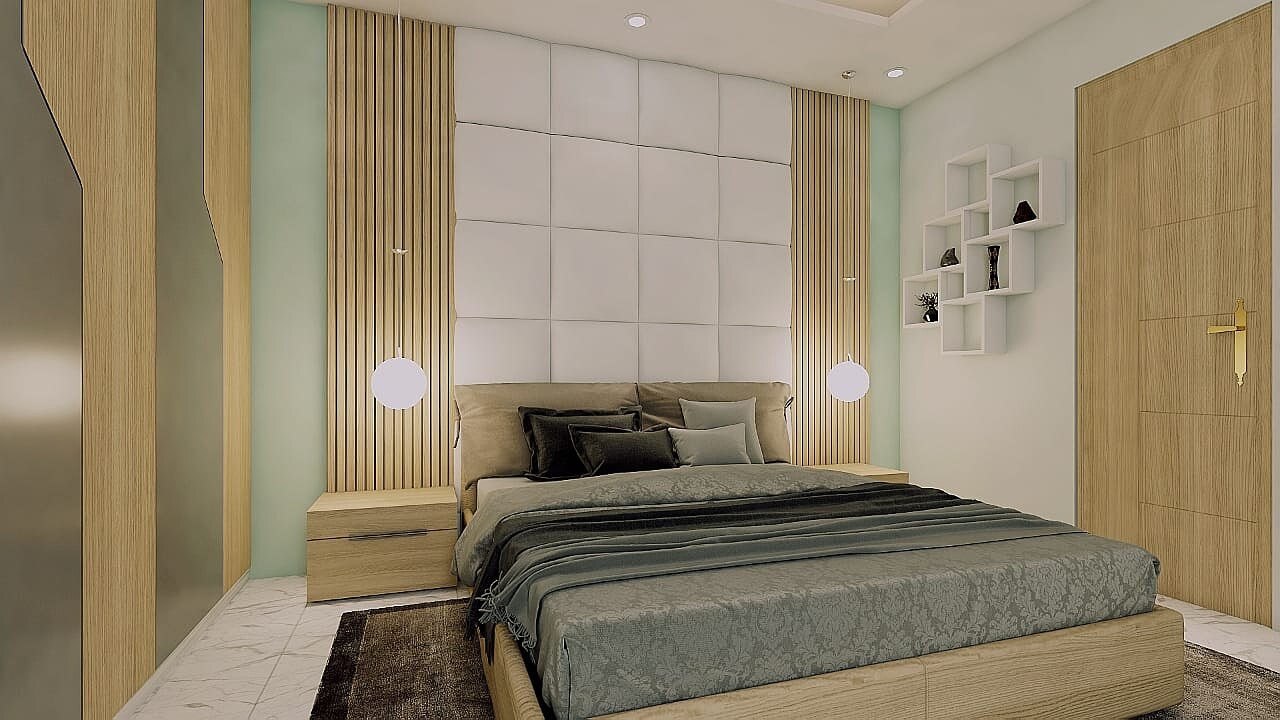 The main bedroom as drawn: a padded headboard wall between fluted timber panels, with wardrobes to one side.