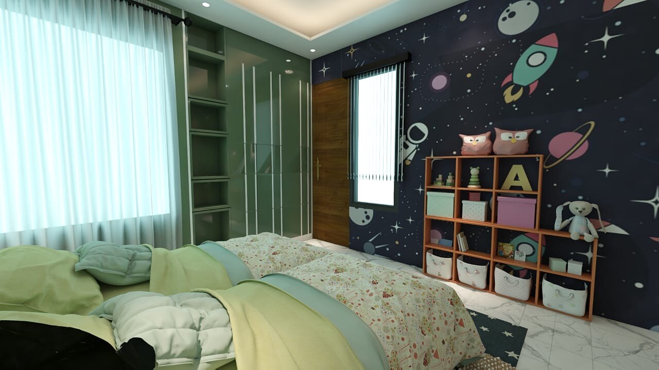 A child's room drawn with a printed night sky, planets and a rocket above the bed, with open shelving alongside.