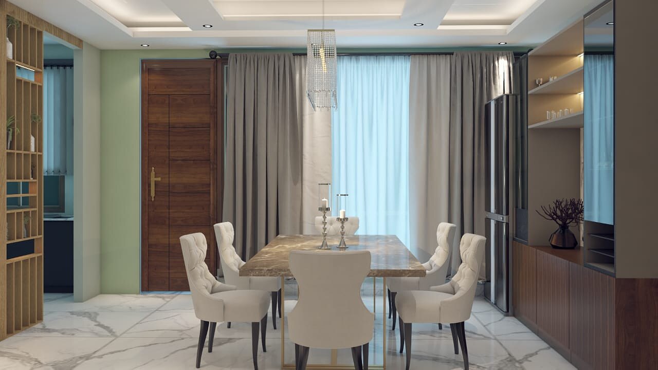 Living and dining seen as one run, with the timber doors closed at the far end.