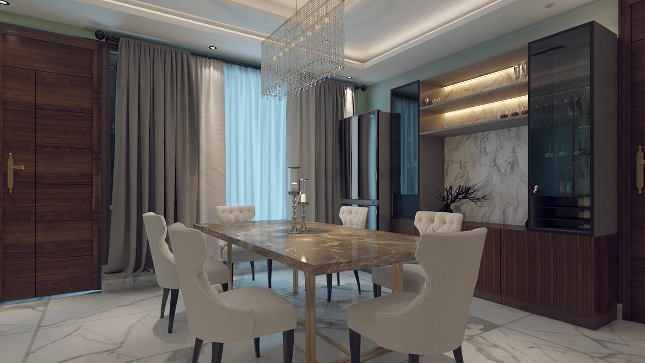 The dining room as drawn, with upholstered chairs under a linear pendant and full height curtains behind.