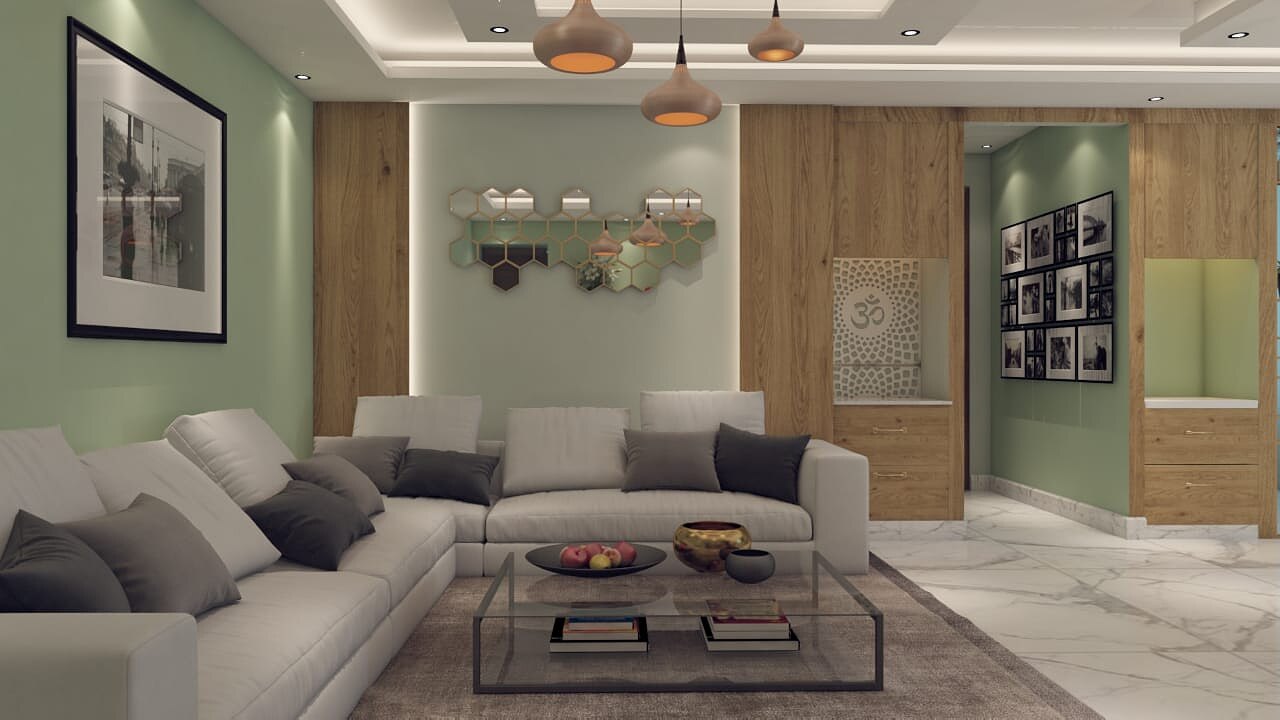The living room as drawn: a pale sectional against sage green walls, timber panelling and a marble floor.