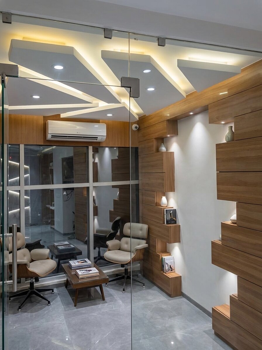 The second cabin behind its glass partition, with seating and a low table.