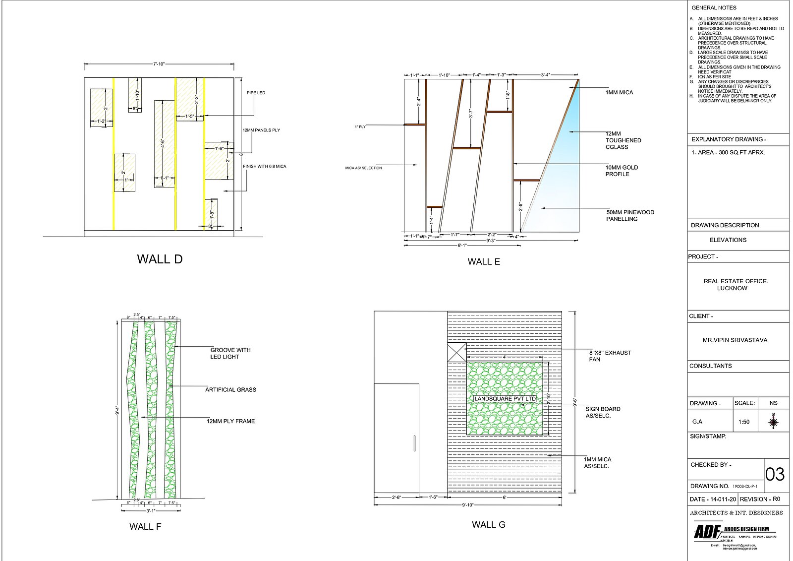 Wall elevations for the office, setting out panelling, shelving and the lit steps of the feature wall.