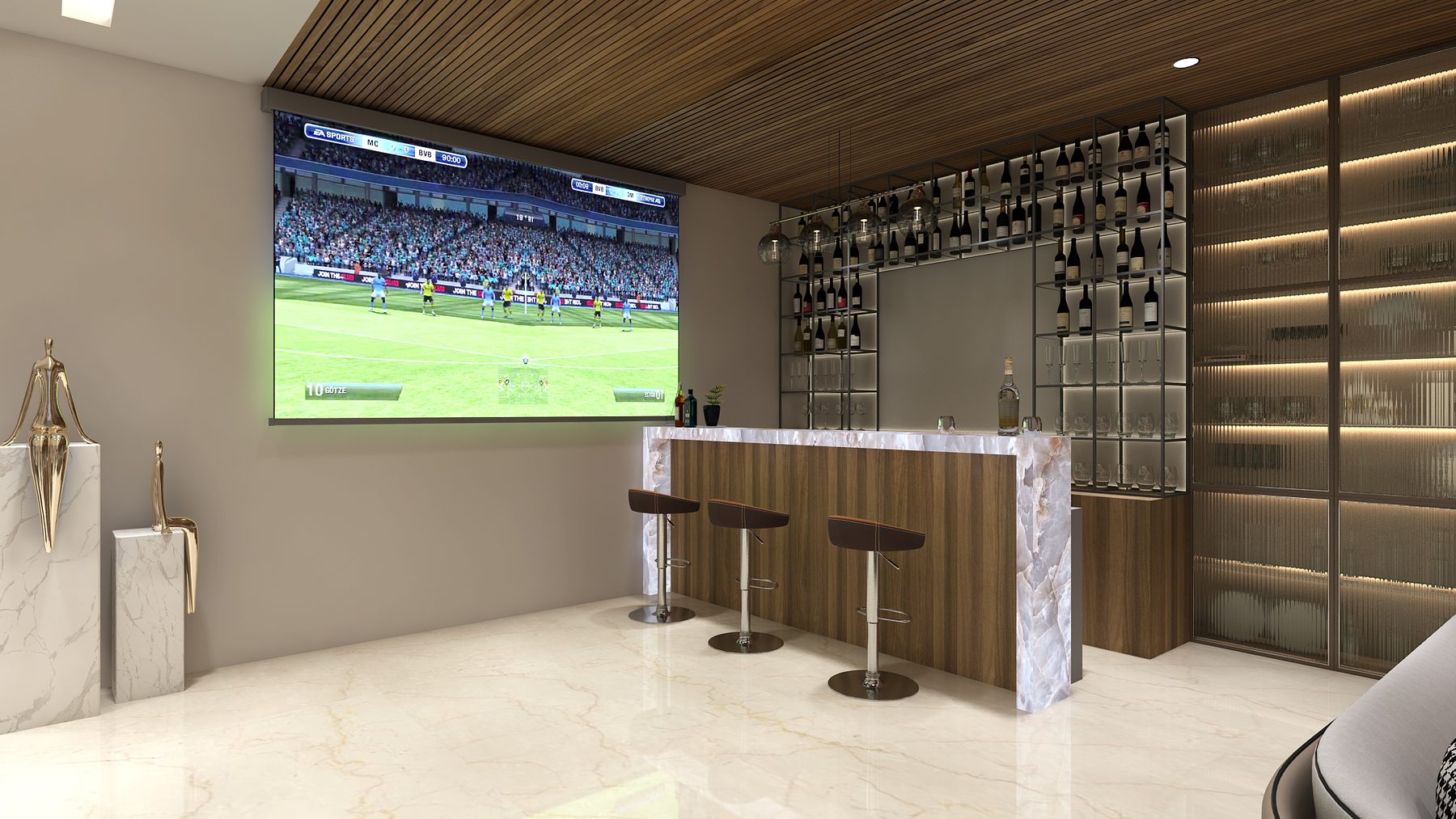 The same bar with the screen above it lit, the slatted timber ceiling
                  running overhead and the counter left in shadow.