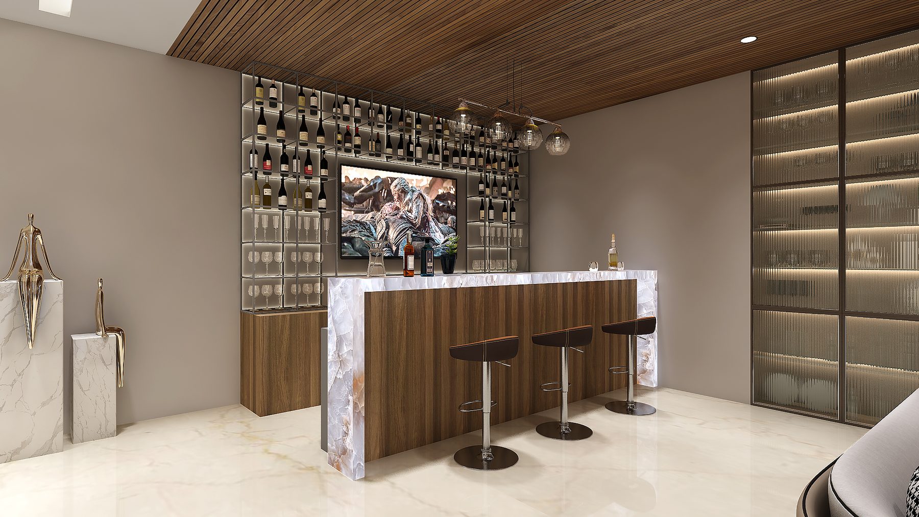 The bar: a walnut and marble counter with two stools, backlit bottle
                  shelving behind it and a glazed display cabinet to one side.