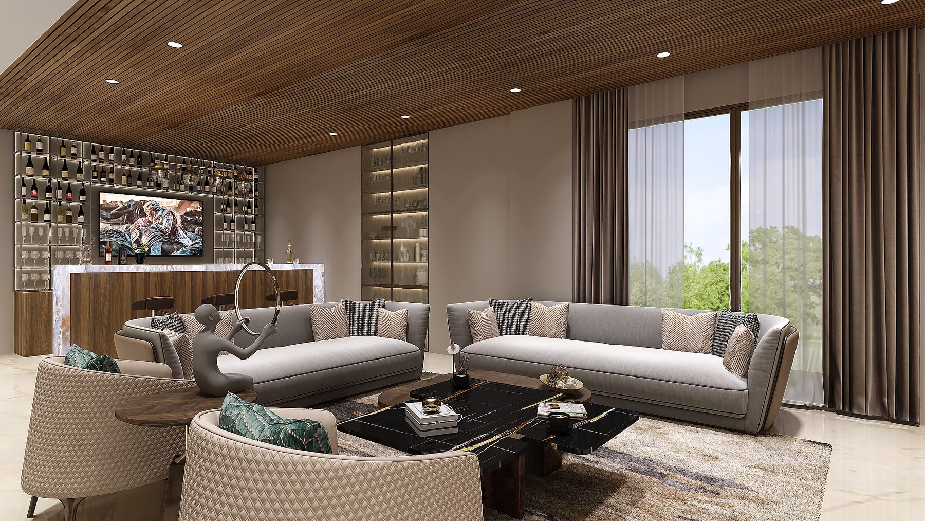 The living room across its full width: seating grouped on a pale rug,
                  the bar and its lit shelving to the left and curtained glazing to the
                  right.