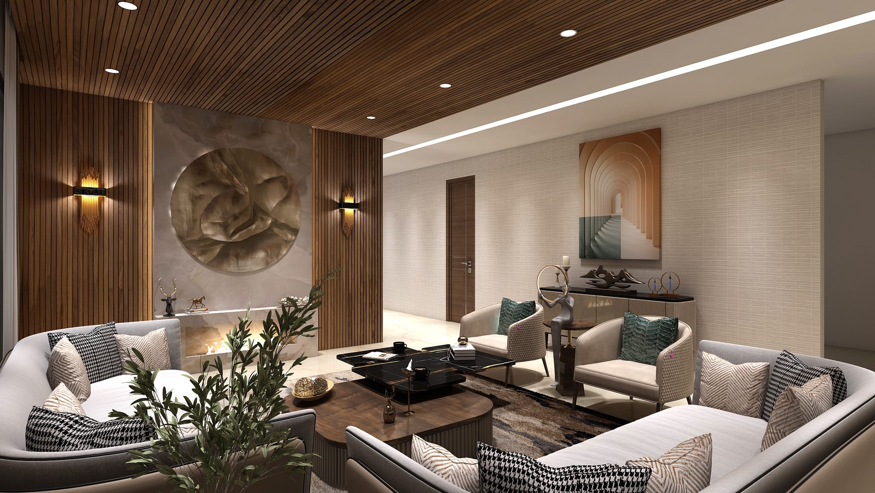 The living room: low pale sofas around a timber and stone table under
                  a slatted timber ceiling, a sculptural disc mounted on the panelled
                  wall behind.