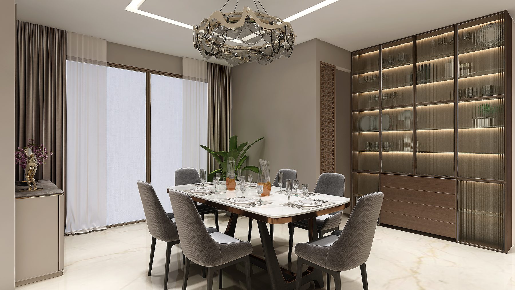 The dining room: six chairs around a stone-topped table under a
                  faceted pendant, with lit glass cabinetry running the length of the
                  wall.