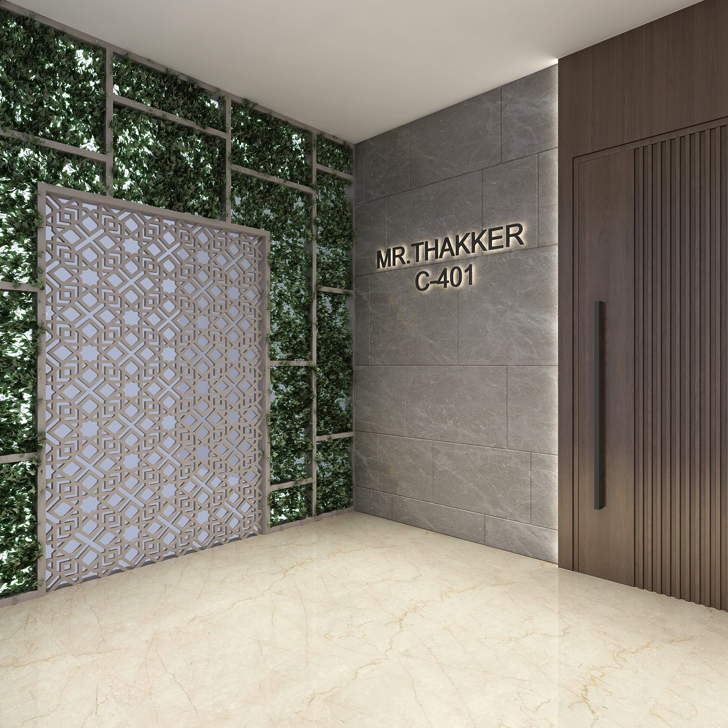 The entrance to Sanjay House: a planted green wall behind a
               fretted metal screen, a stone wall carrying the name, and a
               fluted timber door alongside