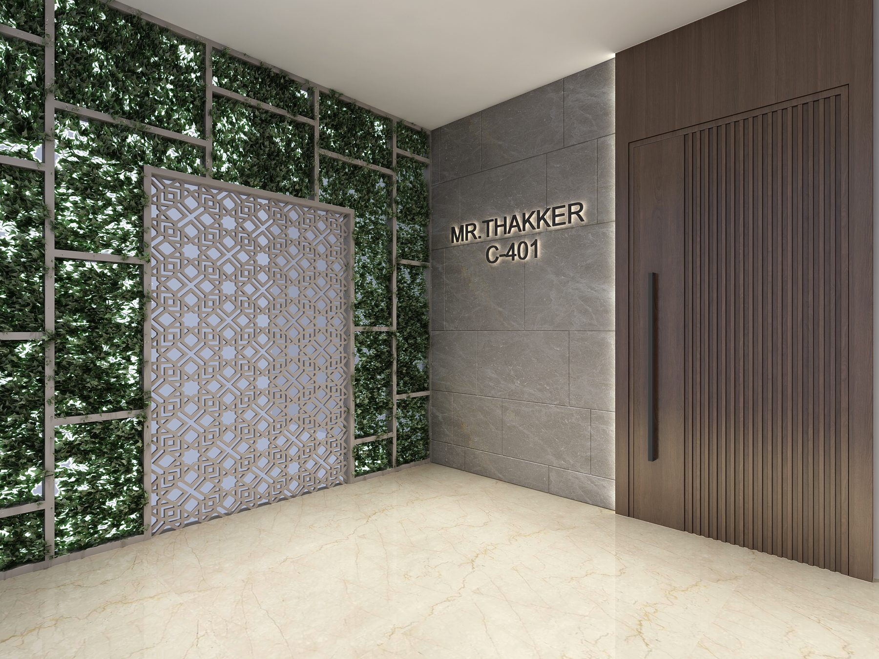 The entrance at Sanjay House: a green living wall framing a patterned
                screen, a stone panel carrying the family name and a fluted timber
                door alongside it.