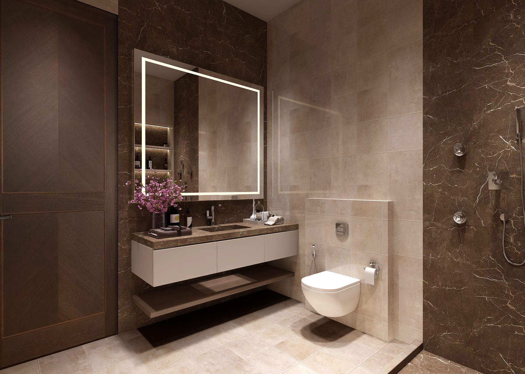 A bathroom: a backlit mirror over a floating vanity, a wall-hung WC
                  beside it and brown marble running across the walls and into the
                  shower.