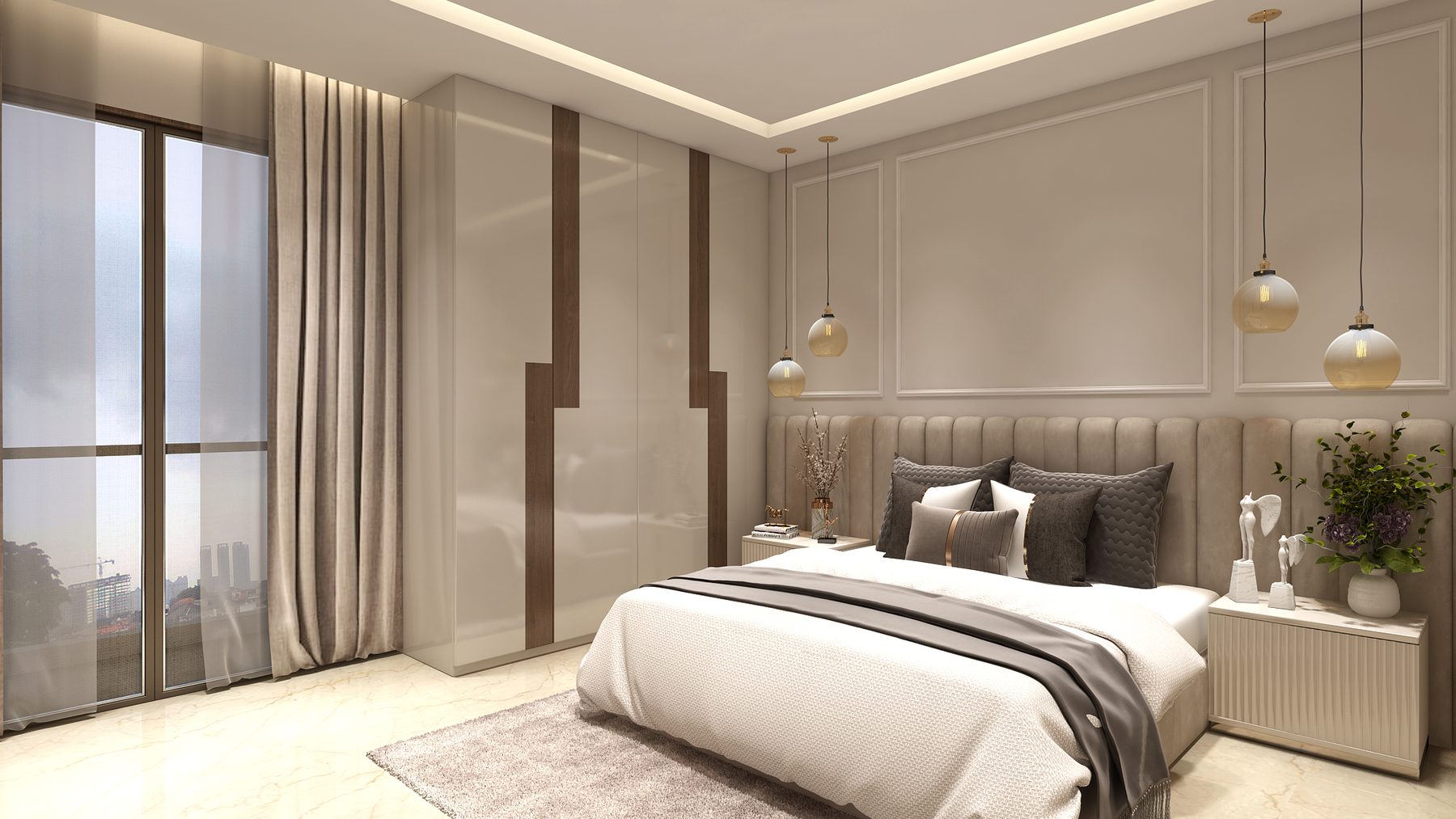The main bedroom: an upholstered bed against a panelled wall, a glass
                  pendant hanging either side and full-height curtains along the
                  glazing.