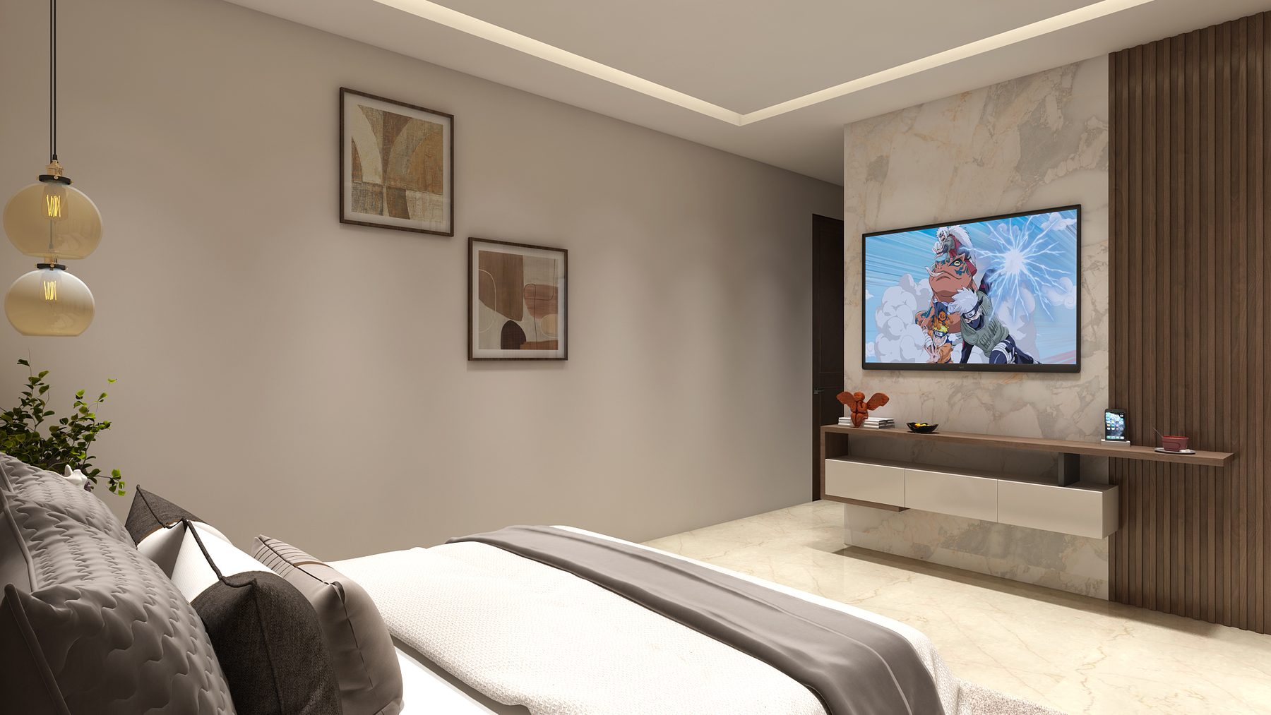The same bedroom from the bed: the television on a stone panel above a
                  floating timber console, two framed prints alongside it.