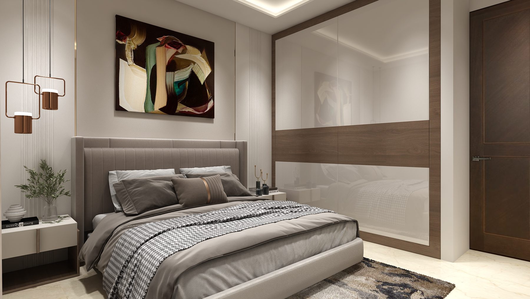 The guest bedroom: an abstract canvas over a wide upholstered
                  headboard, gloss wardrobes to the right and a stepped cluster of
                  pendants at the bedside.