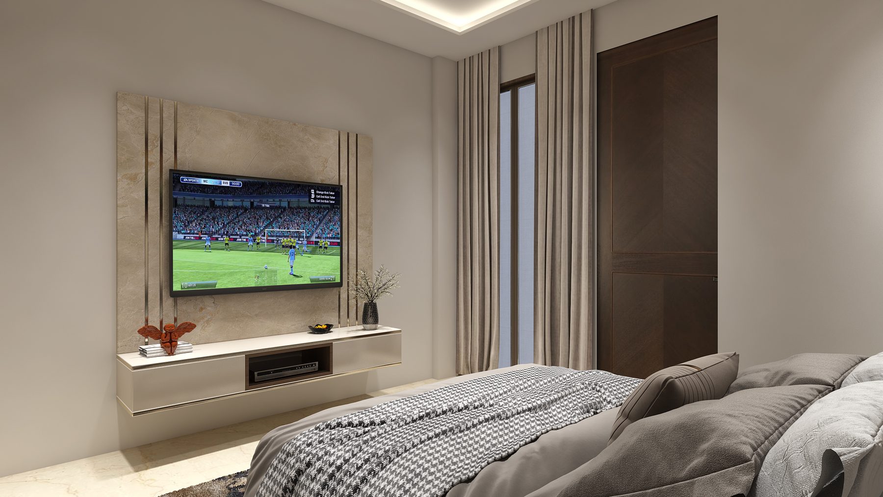 The guest bedroom's television wall: a stone panel above a floating
                  console, with the beds in the foreground and a timber door beyond.