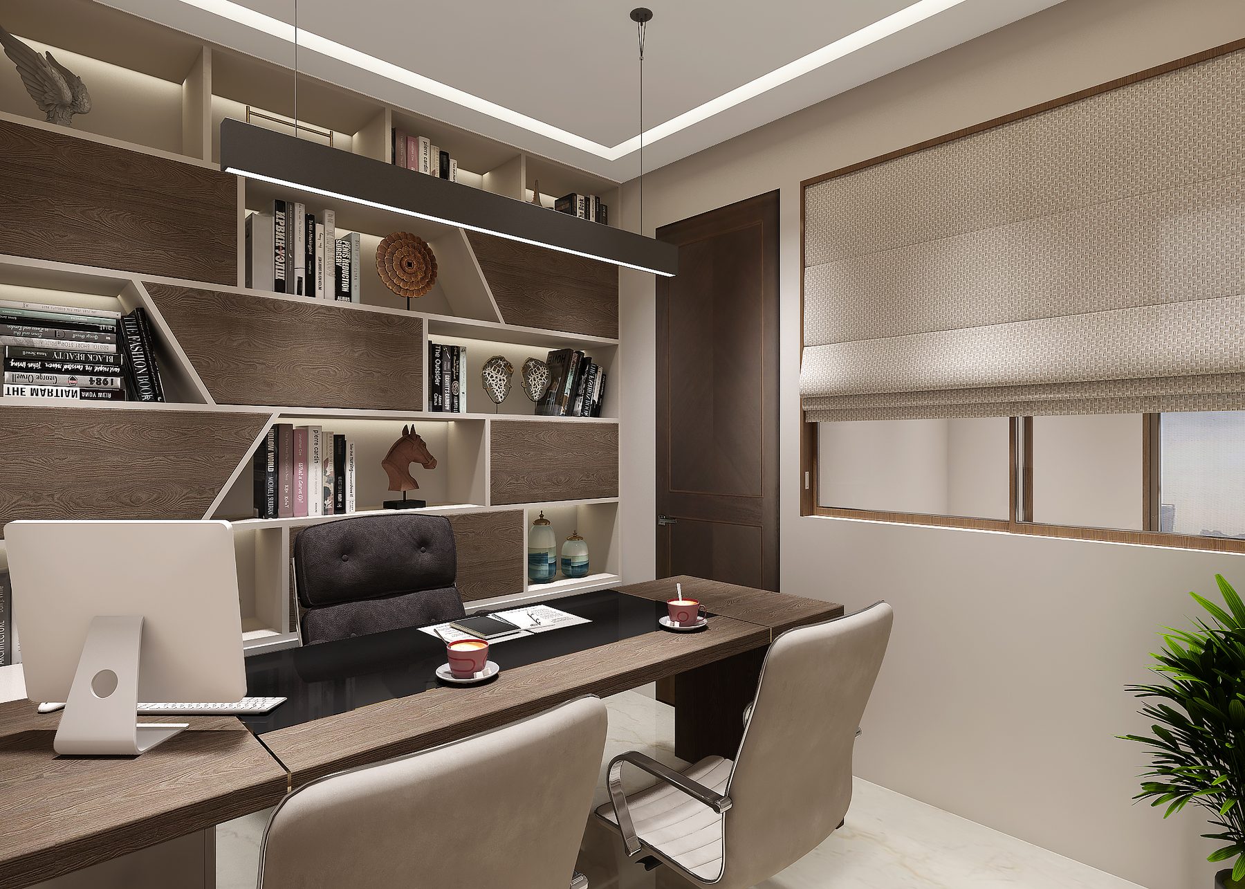 The study: a timber desk under open shelving of books and objects, a
                  linear pendant above it and shuttered windows to one side.